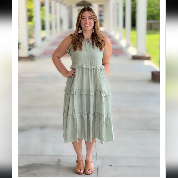 Sage Green Tiered Dress with Multicolor Embroidered Yoke and Tassel Tie-Up-P1915SAGEGREEN